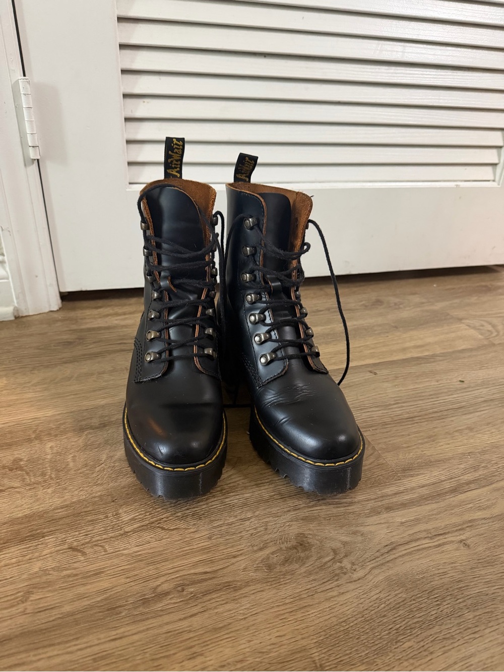 Dr. Martens Black Lace-Up Platform Boots with Brown Collar